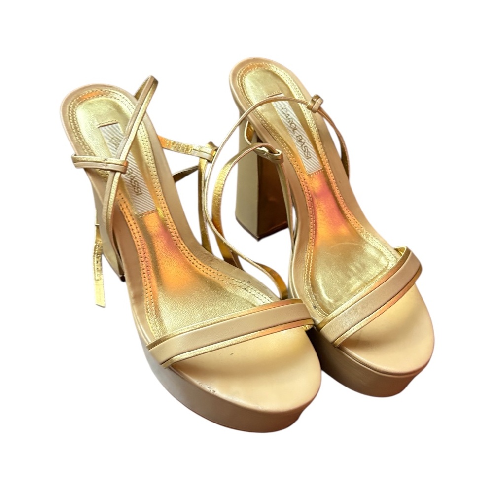 Carol Bassi Gold Block Heel Sandals - Size 7.5